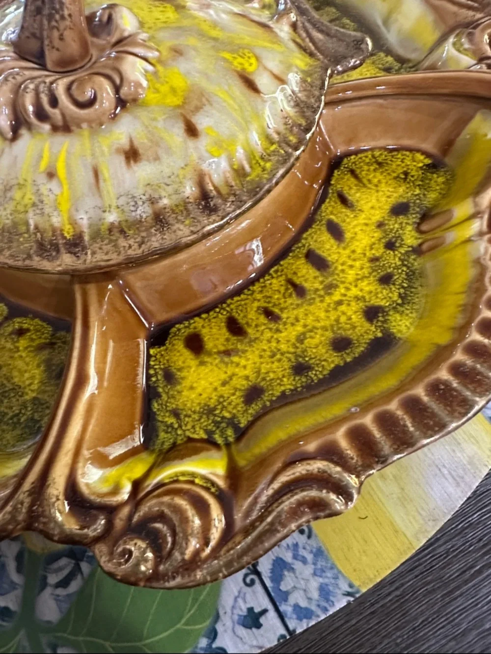 Maurice Ceramic of California Vintage Yellow, Gold & Brown Ceramic lazy Susan.